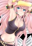  armband armpits beamed_eighth_notes beamed_sixteenth_notes belt blue_eyes breasts cleavage detached_sleeves eighth_note half_note headset large_breasts long_hair megurine_luka midriff musical_note navel paper pikuseru pink_hair sheet_music solo very_long_hair vocaloid 