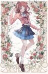  1girl ankle_socks arm_at_side arm_up birthday blue_eyes blue_overskirt blue_ribbon blue_skirt blush border breasts brown_shoes card_(medium) closed_mouth collared_jacket commentary_request double_bun dress_shirt eyelashes fingernails flower full_body gakuen_idolmaster hair_bun hanami_saki hatsuboshi_gakuen_school_uniform idolmaster jacket light_blush light_smile loafers long_hair long_sleeves looking_at_viewer neck_ribbon oden100 outside_border overskirt pink_flower pink_jacket pleated_skirt red_flower red_hair ribbon school_uniform shirt shoes sidelocks skirt smile socks solo standing standing_on_one_leg swept_bangs three_quarter_view two_side_up wavy_hair white_flower white_shirt white_socks 