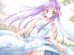  blue_hair blush dress garden gown long_hair orange_eyes smile thigh-highs thighhighs 