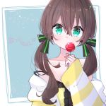  alternate_hairstyle aoiro_0w0 blue_eyes brown_hair candy collarbone commentary food hair_between_eyes hair_ribbon hololive lollipop looking_at_viewer low_twintails medium_hair natsuiro_matsuri portrait ribbon simple_background solo translated twintails virtual_youtuber 