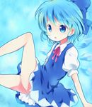  aqua_hair arm_support bad_id bad_pixiv_id blue_eyes blue_hair blue_skirt bow child cirno gradient_hair hair_bow legs maruki_(punchiki) multicolored_hair neck_ribbon open_mouth petticoat ribbon short_hair sitting skirt solo touhou wings 