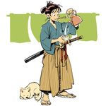  chopsticks copyright_request dog food hakama japanese_clothes katana kettle lowres male_focus matsuda_(matsukichi) mouth_hold samurai sandals sheath sheathed solo sword tea weapon 