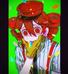  1girl collared_shirt confetti double-parted_bangs drill_hair flat_chest flower gloves green_background hair_between_eyes hand_on_own_face hand_up hat kasane_teto kepi mesmerizer_(vocaloid) military_hat pinstripe_pattern pinstripe_shirt red_eyes red_hair red_hat rice_(somasuki_77) shirt short_sleeves sleeves_rolled_up solo sweat tears twin_drills upper_body utau vomit vomiting vomiting_rainbows wing_collar yellow_gloves 