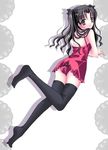  black_eyes black_hair dress fate/stay_night fate_(series) head_turn long_hair lying night red_dress ribbon thigh-highs thighhighs tohsaka_rin 