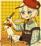  animal beret bird blonde_hair blush border butterfly_sitting dot_nose duck eyelashes green_jacket hair_ornament hairclip hat highres holding holding_paintbrush jacket long_hair looking_afar mayoi_zzz nose_blush original outside_border paint paint_palette paint_tube paintbrush red_hat screentones short_eyebrows sitting sleeve_rolled_up tongue tongue_out twitter_username white_border yellow_eyes 