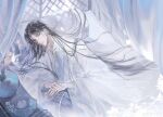  1boy absurdres bug butterfly chinese_clothes chinese_commentary chu_wanning closed_mouth curtains erha_he_tadebai_mao_shizun fire flower glowing_butterfly grey_eyes hair_down hanfu highres incense long_hair long_sleeves looking_at_object lying male_focus official_art on_bed on_side pillow pink_flower smoke solo upper_body vase weibo_2267015105 white_hanfu wide_sleeves window 