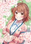  1girl absurdres ahoge blue_ribbon blush breasts brown_cardigan brown_hair cardigan cherry_blossoms falling_petals gakuen_idolmaster gradient_hair grin hanami_ume hat hatsuboshi_gakuen_school_uniform highres idolmaster long_sleeves medium_breasts miyuki_kotori multicolored_hair neck_ribbon orange_hair outdoors petals ribbon school_uniform shirt smile solo white_shirt 