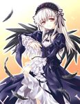  feathers frills headband lace long_hair puffy_shirt red_eyes rozen_maiden smile suigintou white_hair wings 