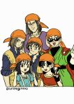  2girls 4boys :d aqua_eyes aqua_shirt bandana black_bodysuit black_eyes black_hair blue_shirt blunt_bangs blunt_ends bodysuit brown_hair cape closed_eyes cosplay creator_connection crossover dragon_ball dragon_ball_gt dragon_quest dragon_quest_ix dragon_quest_viii dragon_quest_xi father_and_daughter great_saiyaman green_tunic hero_(dq11) hero_(dq8) hero_(dq8)_(cosplay) highres hunfrey_(dq11) jewelry medium_hair multiple_boys multiple_girls necklace open_mouth orange_bandana pan_(dragon_ball) parent_and_child puffy_short_sleeves puffy_sleeves purple_vest red_cape red_shirt rikka_(dq9) shirt short_hair short_sleeves sleeves_rolled_up smile son_gohan sunglasses trait_connection tunic twitter_username upper_body uranagi_(uranaginasi) v vest white_background 