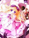  angel_ring_(artbook) blond_hair blonde_hair bow frills frilly hair_bow hand_on_another's_chest hand_on_chest long_hair original purple_eyes sitting tinker_bell tinkle violet_eyes 