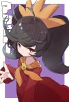  1girl ashley_(warioware) black_hair border character_name commentary dress hairband jamir long_hair long_sleeves looking_at_viewer neckerchief orange_hairband orange_neckerchief outside_border purple_background red_dress red_eyes skull_ornament solo translated twintails warioware white_border 