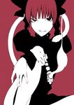  bangs blunt_bangs braid hands kaenbyou_rin kiseru legs no_nose onigunsou partially_colored pipe raised_eyebrow red red_background red_hair ribbon simple_background smirk smoke solo tail touhou twin_braids uneven_eyes 