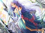  blue_hair dress flower gown green_eyes hair_ribbon jewelry long_hair necklace nefertiti ribbon rose staff 