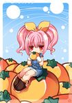  =3= anya_alstreim bad_id bad_pixiv_id blush boots bow code_geass food fruit hair_bow holding holding_food holding_fruit orange overalls pink_hair red_eyes solo twintails 