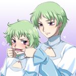  1girl anger_vein blush finger_in_mouth green_hair gundam gundam_00 hilling_care innovator kakara lowres purple_eyes ribbons_almark short_hair siblings 