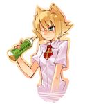  animal_ears bad_id bad_pixiv_id bottle fox_ears gan_(shanimuni) green_eyes necktie original shirt solo sweat tea white_shirt 