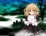  black_dress blond_hair blonde_hair bunny curly_hair dress fence fog graveyard hair_ribbon holding jewelry necklace purple_eyes ribbon violet_eyes 