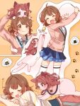  1girl ahoge animal animal_on_back animal_on_head animalization blue_eyes blue_overskirt blue_ribbon blue_skirt blush brown_eyes brown_hair cardigan cat_teaser closed_eyes closed_mouth commentary_request food gakuen_idolmaster hair_bun hanami_saki hanami_ume hatsuboshi_gakuen_school_uniform highres hutaba idolmaster jacket jacket_over_swimsuit licking lying multiple_views neck_ribbon on_head on_stomach onigiri open_mouth outline paw_print pink_cardigan red_hair ribbon school_uniform siblings sisters skirt smile swimsuit thighhighs white_outline white_thighhighs 