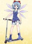  1girl boots cirno fang kabaji kick_scooter plaid solo touhou 