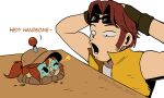  1boy 1girl arms_behind_head blush_stickers brown_hair brown_hat buck_teeth commentary english_commentary english_text eyewear_on_head fio_germi glasses hat highres metal_slug one_eye_closed open_mouth pencilman_draws photo-referenced plants_vs_zombies ponytail potato_mine_(plants_vs_zombies) star_(symbol) sunglasses tarma_roving teeth twitter_username vest yellow_vest 