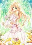  blond_hair blonde_hair blue_eyes bouquet dress flower long_hair pointy_ears white_dress 