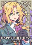 1boy birthday black_gloves blonde_hair bow brown_necktie card_(medium) collared_shirt commentary_request curtained_hair dated dress english_text flower gloves green_hair grey_suit hair_ribbon half_gloves hands_up happy_birthday holding holding_flower idolmaster idolmaster_side-m long_hair long_sleeves looking_at_viewer male_focus necktie open_mouth orange_bow orange_ribbon own_hands_clasped own_hands_together ponytail purple_flower ribbon shirt smile solo standing suit surigoma_(39_sekai) three_quarter_view tongue tsuzuki_kei upper_body white_shirt 
