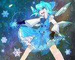  :d adapted_costume alternate_costume bad_id bad_pixiv_id black_gloves blue_bow blue_eyes blue_hair bow cirno double-breasted frilled_shirt_collar frills gloves hair_bow ice ice_wings legs_apart long_sleeves open_mouth short_hair smile snowflakes solo touhou tsurusaki_yuu wings 