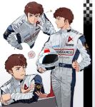  1boy alternate_universe amuro_ray anger_vein bandai black_eyes brown_hair char&#039;s_counterattack character_name closed_mouth commentary_request dnwn_stone earth_federation_space_forces feet_out_of_frame gloves gundam hand_on_own_hip helmet highres holding holding_helmet jumpsuit korean_commentary legs_together looking_at_viewer looking_to_the_side male_focus multiple_views parted_lips racing_suit short_hair smile spoken_anger_vein sponsor standing star_(symbol) sunrise_(company) unworn_headwear unworn_helmet w white_gloves white_jumpsuit 