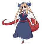  1girl blonde_hair breasts cosplay dragon_girl dragon_maid_(murgoten) dragon_tail full_body highres kobayashi-san_chi_no_maidragon long_hair looking_at_viewer murgoten pointy_ears solo spiral_horn tail tohru_(maidragon) tohru_(maidragon)_(cosplay) twintails very_long_hair 