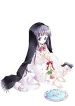  arm_support barefoot black_hair blue_eyes copyright_request dishes feet flower hands petals ribbon rose scarf sitting solo sumi_keiichi 