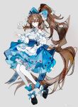  1girl :d absurdres arknights artist_name black_shoes blue_bow blue_bowtie blue_dress bow bowtie brown_eyes brown_hair buqiyong chinese_commentary commentary_request detached_sleeves dress eyjafjalla_(arknights) eyjafjalla_the_hvit_aska_(a_picnic_before_a_long_trip)_(arknights) eyjafjalla_the_hvit_aska_(arknights) flower goat_girl goat_horns grey_background hair_bow highres horns long_hair mary_janes open_mouth platform_shoes ponytail shoes simple_background smile solo very_long_hair white_dress 