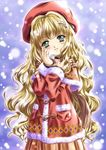  blonde_hair blush green_eyes hat long_hair snow winter_clothes 