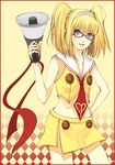  blonde_hair blue_eyes buttons copyright_request glasses hair_ornament hairband isuzu_(uzushi) megaphone midriff miniskirt necktie sailor_collar skirt smile solo twintails 