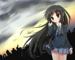  akiyama_mio bangs black_hair blue_eyes blunt_bangs k-on! karaage3 landscape long_hair school_uniform solo sunset 