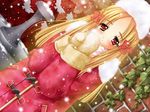  1girl blond_hair blonde_hair blush cold flower fountain long_hair red_eyes rose snow solo winter_cap winter_clothes 
