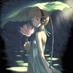  bare_shoulders blonde_hair brown_eyes dress flower grado_labs headphones highres leaf_umbrella looking_back lotus original rain short_hair solo vofan 