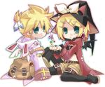  1girl animal_ears backpack bag bat_wings belt blonde_hair blue_eyes blush bow brother_and_sister bunny_ears cat_ears earrings feathers hair_ornament hairclip hat hekicha jewelry kagamine_len kagamine_rin midriff musical_note short_hair siblings thighhighs twins vocaloid wings witch_hat 