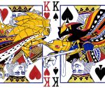  2boys ace_(playing_card) armor cape card crown diamondx1704 excalibur_sonic furry furry_male gold_crown heart hedgehog_boy highres king_(playing_card) limited_palette mini_crown multiple_boys playing_card reaching reaching_towards_another red_eyes shadow_the_hedgehog sonic_(series) sonic_and_the_black_knight sonic_the_hedgehog sword weapon 