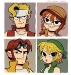  2boys 2girls absurdres bandana black_eyes blonde_hair brown_hair brown_hat brown_vest bryan_lee_o&#039;malley_(style) commentary english_commentary fio_germi frown glasses green_bandana green_vest grin hat headband highres kasamoto_eri long_sideburns marco_rossi metal_slug multiple_boys multiple_girls parody pencilman_draws ponytail raised_eyebrow red_hair red_vest scott_pilgrim_(series) short_hair sideburns smile style_parody sunglasses tarma_roving twitter_username vest white_headband yellow_vest 