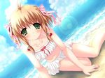  beach blush brown_hair cherry flat_chest food fruit green_eyes hair_ribbon navel ribbon short_hair sitting thigh-highs thighhighs 