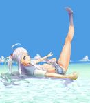  aguhari ahoge bad_id bad_pixiv_id barefoot day feet hair_ornament hands leg_up looking_back lying midriff miniskirt navel ocean on_back original outdoors partially_submerged pleated_skirt ponytail school_uniform skirt sky smile socks solo water white_hair 