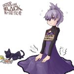  369 angry bad_id bad_pixiv_id black_cat cat cat_food darker_than_black dress engrish mao_(darker_than_black) purple_dress purple_eyes purple_hair ranguage seiza sign sign_around_neck sitting solo sweat translated yin 