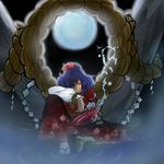  backlighting blue_hair cup evil_grin evil_smile full_moon grin hair_ornament hair_over_one_eye hairband highres hokuto_(scichil) leaf_hair_ornament moon onbashira red_eyes ripples rope sakazuki sandals shide shimenawa short_hair sitting smile solo touhou water yasaka_kanako 