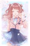  1girl ^_^ absurdres blazer blue_overskirt blue_ribbon blue_skirt blush brown_hair brown_jacket cherry_blossoms closed_eyes cowboy_shot facing_viewer falling_petals gakuen_idolmaster hanami_saki hatsuboshi_gakuen_school_uniform highres idolmaster jacket long_sleeves neck_ribbon outdoors petals pleated_skirt ribbon school_uniform shirako_(srk_srtk) shirt skirt smile solo white_shirt 