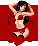  armpits arms_up black_hair bra full_body garter_belt garters halter_top halterneck katahira_masashi kneeling lingerie long_hair original panties parted_lips red red_eyes red_legwear simple_background solo thighhighs underwear underwear_only 