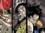  bad_id bad_pixiv_id column_lineup eleven_supernova eustass_captain_kid goggles goggles_on_head grey_background makkamu male_focus monkey_d_luffy multiple_boys one_piece scar trafalgar_law 