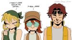  1boy 2girls absurdres bandana blonde_hair brown_eyes brown_hair brown_vest commentary english_commentary english_text eyewear_on_head fingerless_gloves fio_germi glasses gloves grappler_baki green_bandana green_gloves green_vest hand_in_own_hair highres ishowspeed_trying_not_to_laugh_(meme) kasamoto_eri meme metal_slug multiple_girls opaque_glasses pencilman_draws puckered_lips smile stifled_laugh sunglasses tarma_roving tears trembling twitter_username vest wavy_mouth yellow_vest 