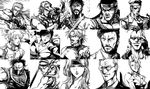  6+boys andy_bogard billy_kane closed_mouth duck_king fatal_fury formal glasses greyscale heidern highres ippongui karman_cole kisaragi_eiji kusanagi_saishu lenny_creston leona_heidern long_hair looking_at_viewer mature_(kof) monochrome multiple_boys multiple_girls oswald_(kof) patsuki rugal_bernstein ryuuko_no_ken simple_background smirk snk suit terry_bogard the_king_of_fighters todo_ryuhaku vice white_background 