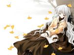  1girl against_tree autumn autumn_leaves blush book bow coat curly_hair eyes_closed ginkgo hair_bow highres leaf long_hair original re-laive sakurazawa_izumi serizawa_aoi sitting sleeping solo tree turtleneck very_long_hair wallpaper white_hair 