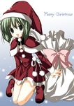  :d absurdres bad_id bad_pixiv_id blush boots bow capelet christmas dress gradient gradient_background green_eyes green_hair hat highres kneeling korie_riko looking_at_viewer macross macross_frontier merry_christmas open_mouth pom_pom_(clothes) ranka_lee red_capelet sack santa_costume santa_hat smile solo 